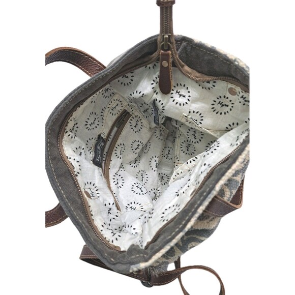 Myra Bag Leather Canvas Southwestern Aztec Shoulder Bag Satchel Cowhair Gray - Picture 6 of 9